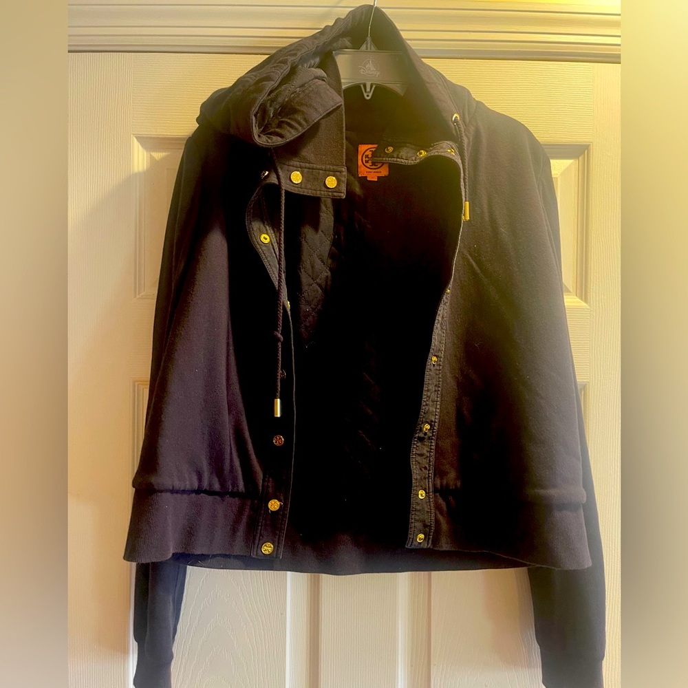 Tory Burch black size XL jacket with hoodie. Good used condition